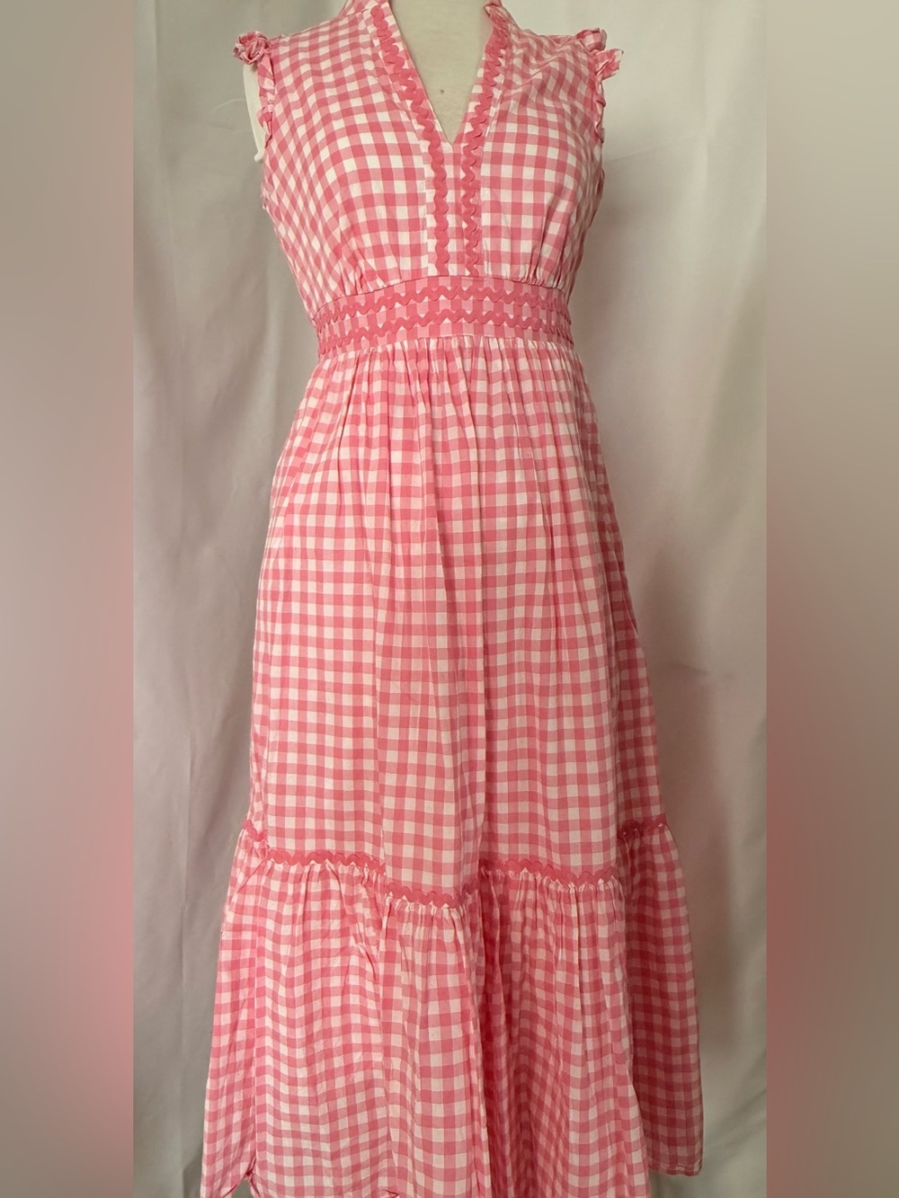 Boden Pink Gingham Midi Dress with Tiered Skirt